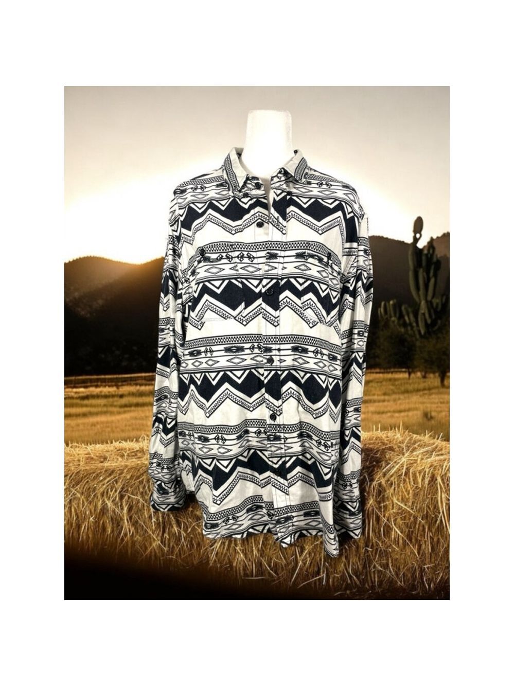 Men’s L Cotton Aztec black & white print vintage button down shirt Stapleford